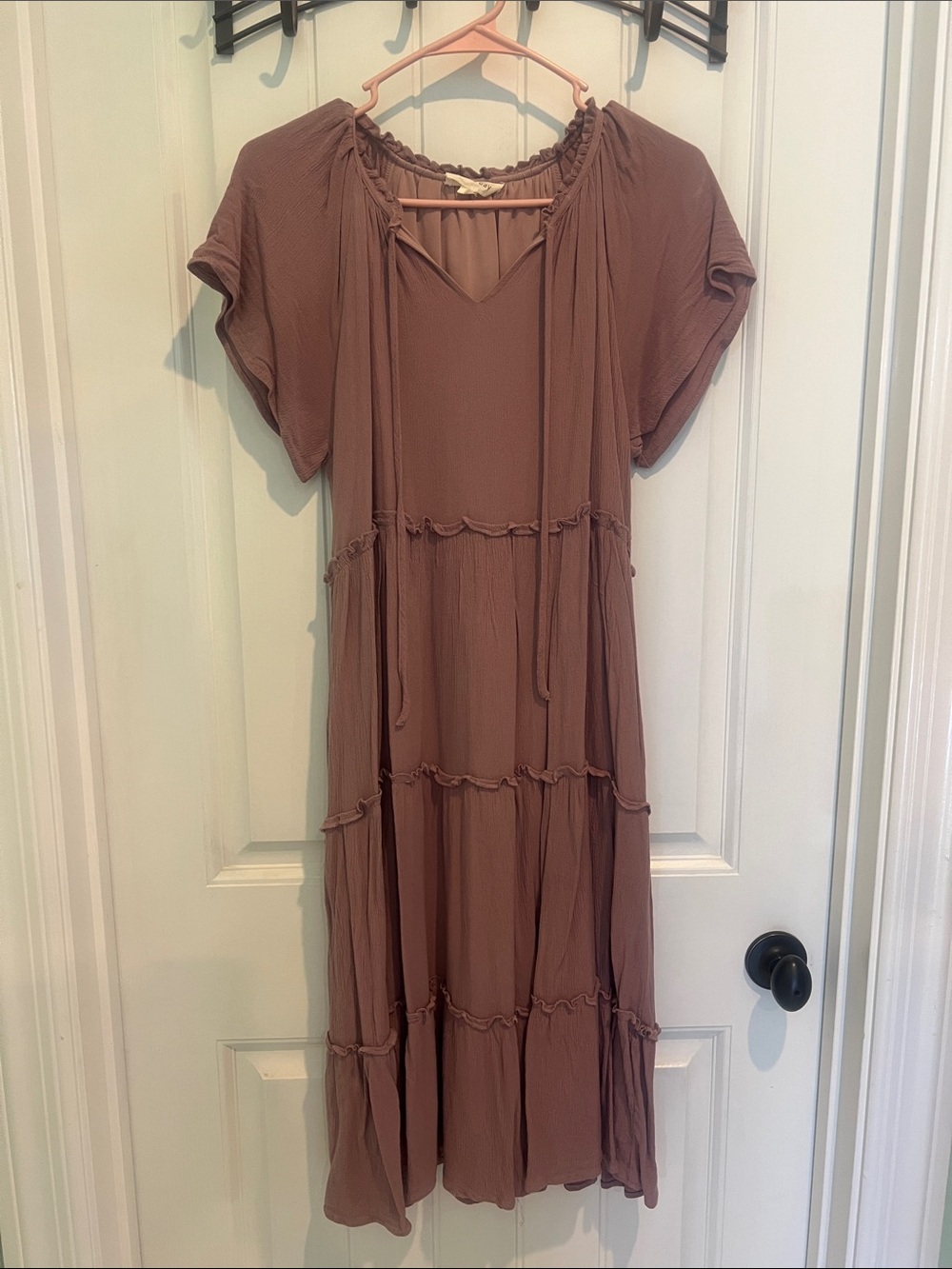 Vanilla Bay Mauve Tiered Maxi Dress with Tie Neck